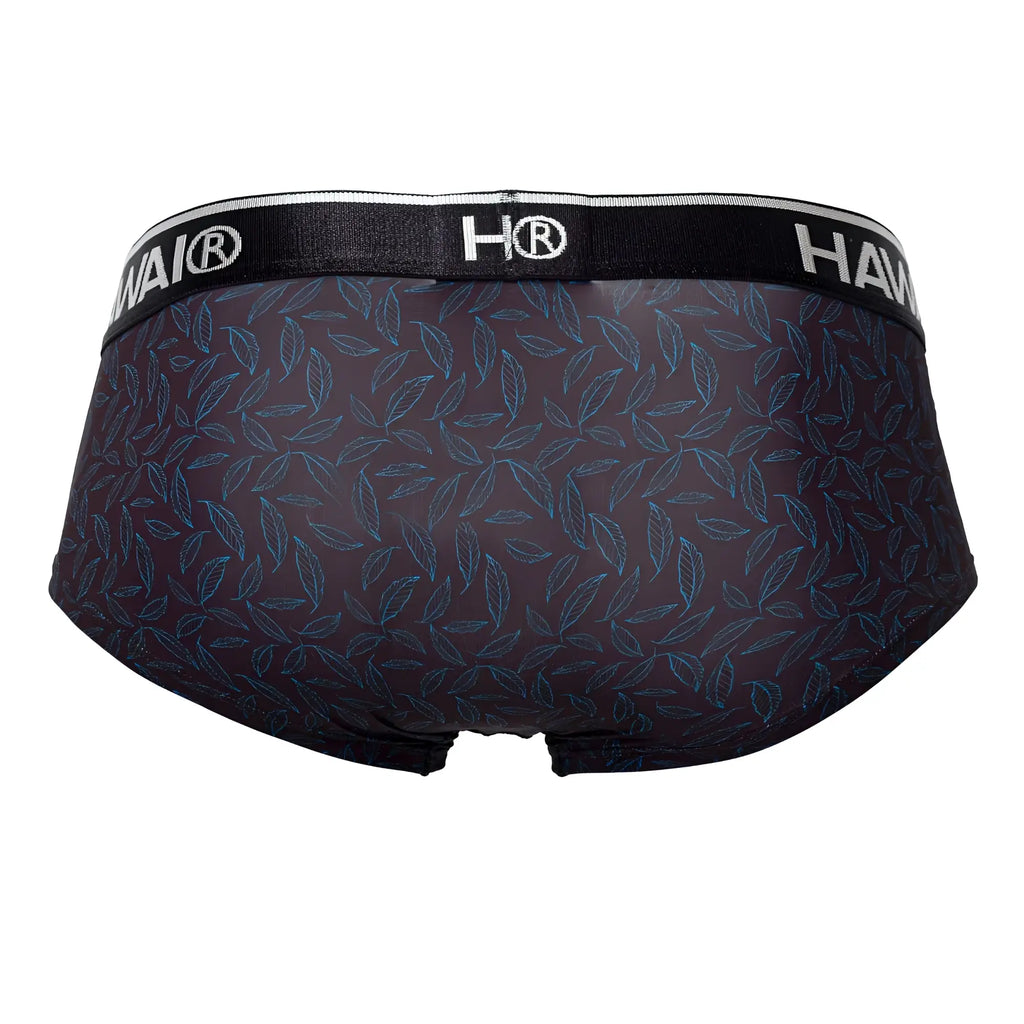 Black men’s briefs hawai 42380 with subtle blue leaf pattern and black elastic waistband featuring hai logo in white