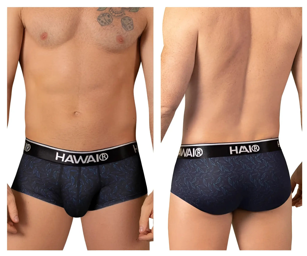 Navy blue hawaii 42380 printed briefs with subtle leaf pattern and black waistband featuring hawai brand logo