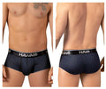 Navy blue hawaii 42380 printed briefs with subtle leaf pattern and black waistband featuring hawai brand logo