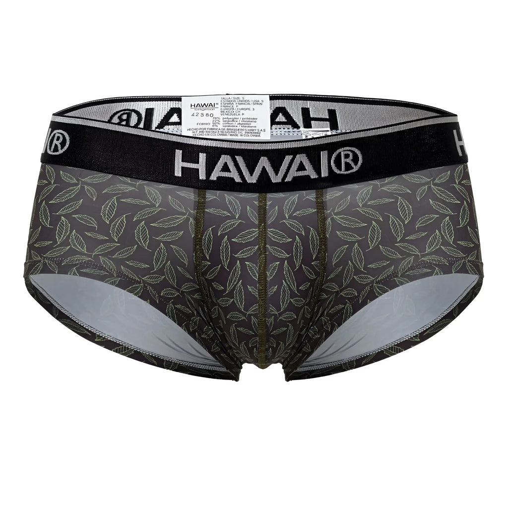 Black hawai men’s briefs printed with subtle leaf pattern in green with silver inner lining model hawai 42380