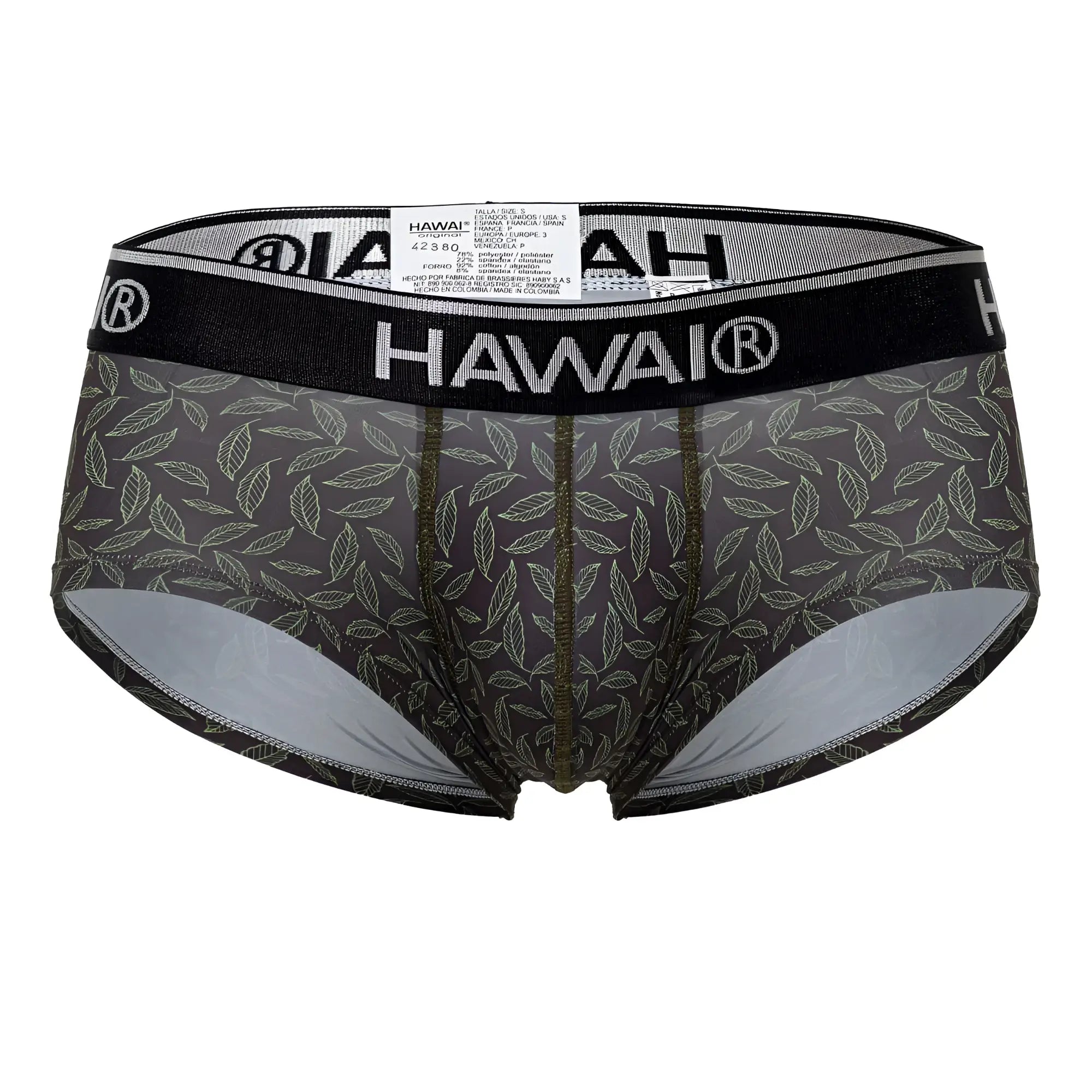 Black hawai men’s briefs printed with subtle leaf pattern in green with silver inner lining model hawai 42380