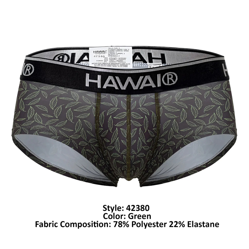 Hawai 42380 printed briefs in green with black and green leaf pattern designed for men’s comfortable wear