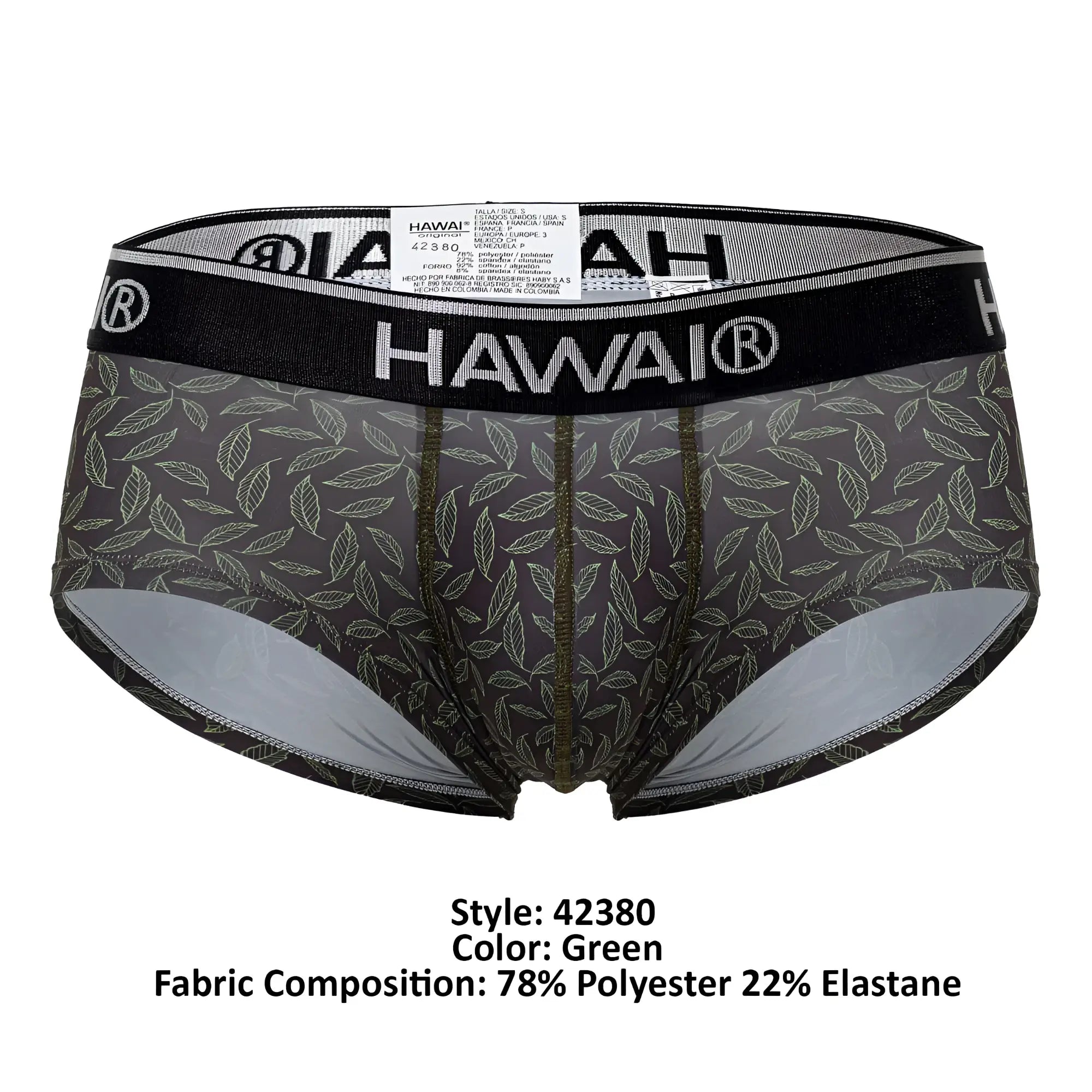 Hawai 42380 printed briefs in green with black and green leaf pattern designed for men’s comfortable wear