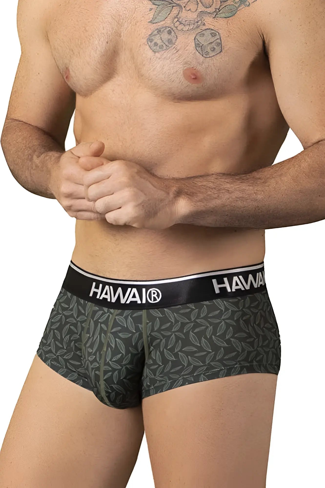 Dark green hawaii boxer briefs with subtle leaf pattern and black waistband featuring white brand lettering