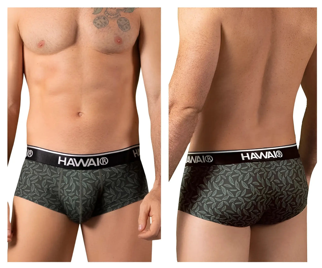 Dark green hawaiian-patterned boxer briefs with black hawaii brand waistband printed briefs color green