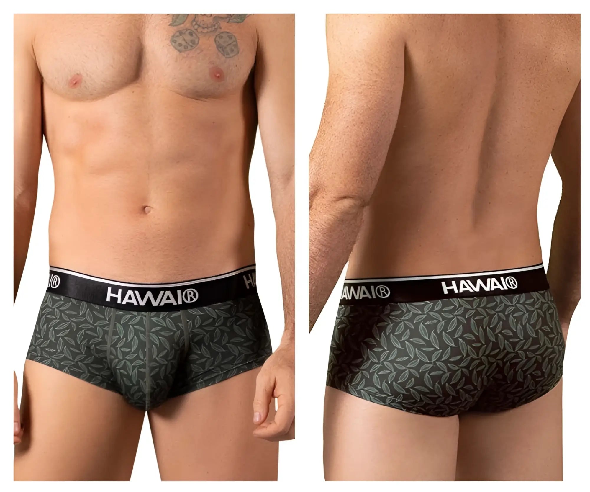 Dark green hawaiian-patterned boxer briefs with black hawaii brand waistband printed briefs color green