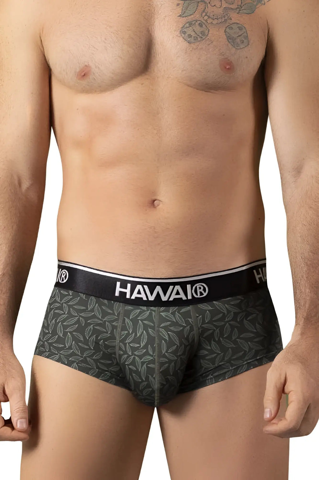 Dark green leaf-patterned hawaii brand briefs with black waistband and white lettering in color green model 42380