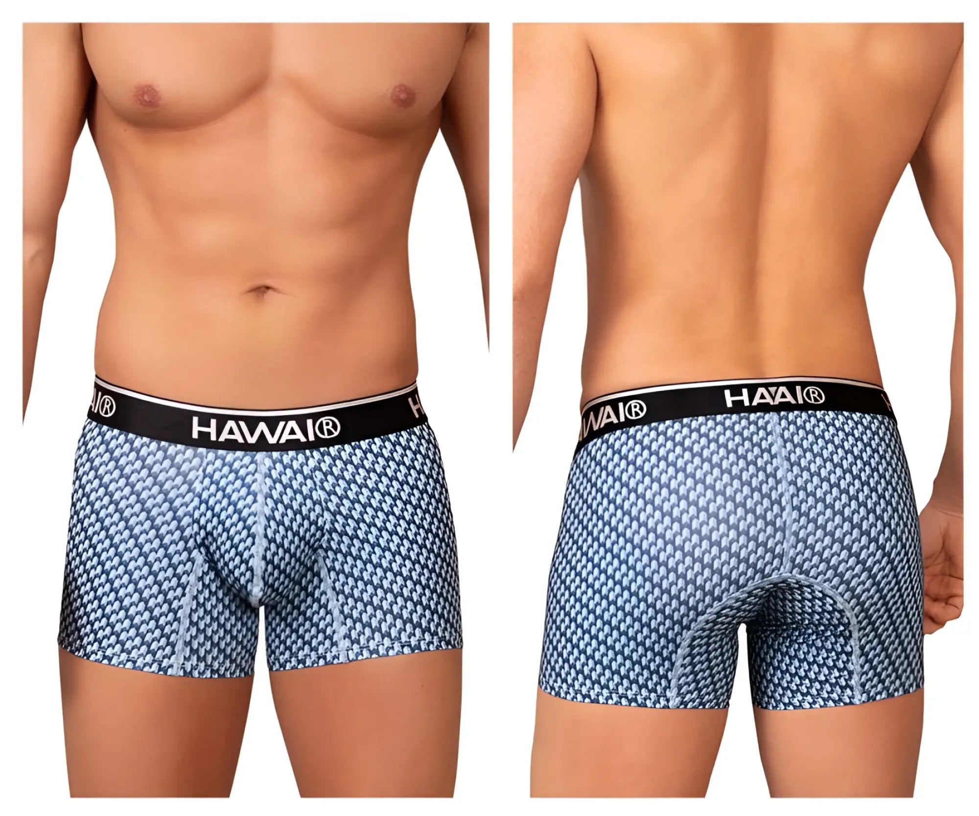 Blue patterned hawaii brand boxer briefs with black waistband designed for comfortable everyday wear