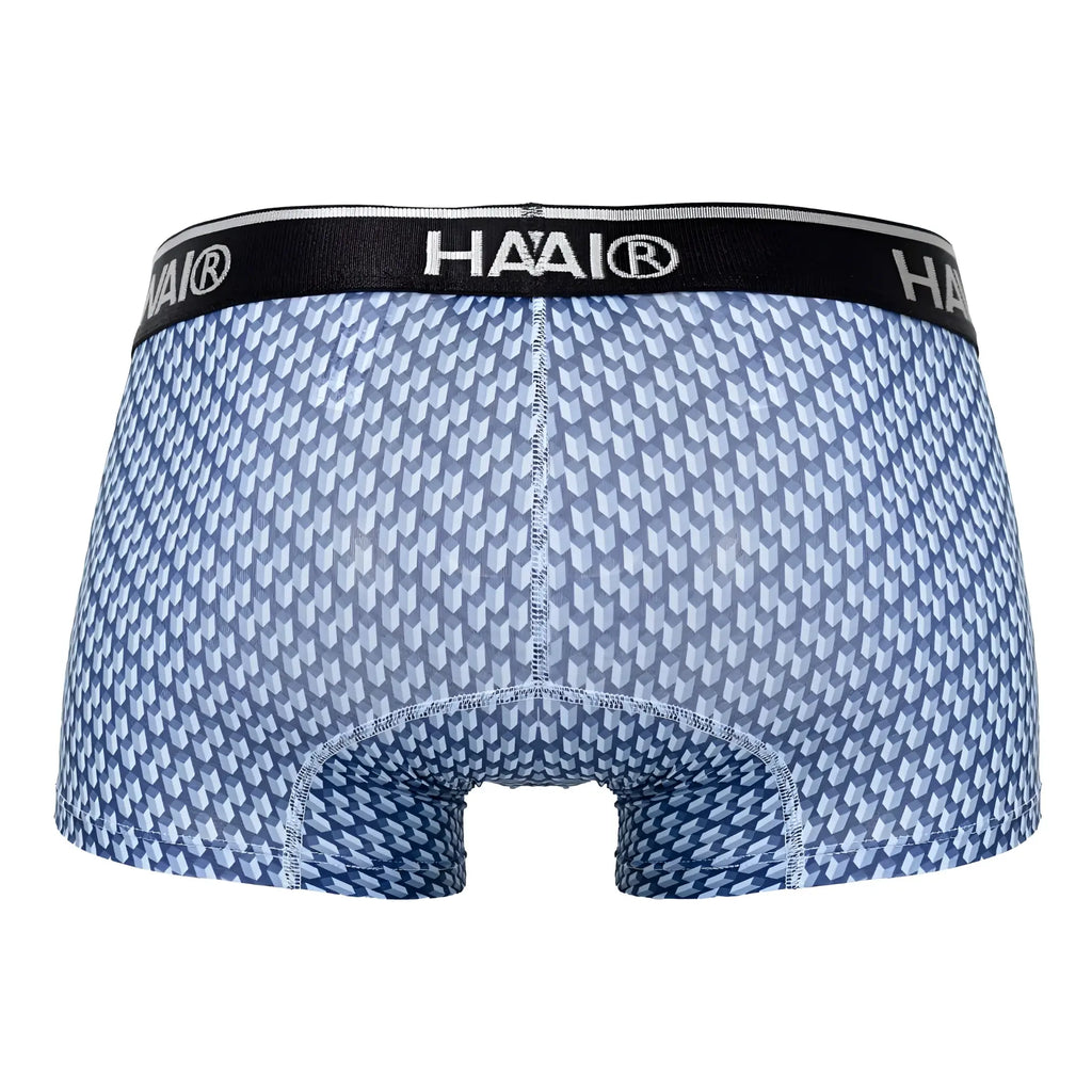 Blue patterned men’s boxer briefs with black haai® waistband from hawai 42420 printed trunks collection