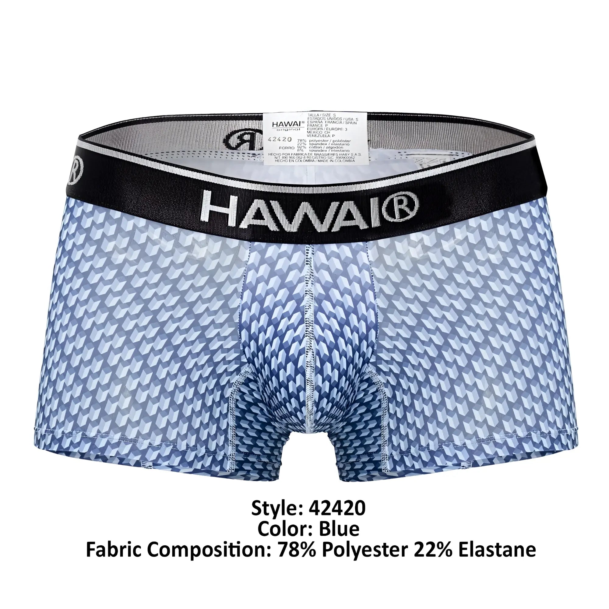 Blue patterned men’s boxer briefs with black waistband featuring hawai brand logo from hawai 42420 printed trunks