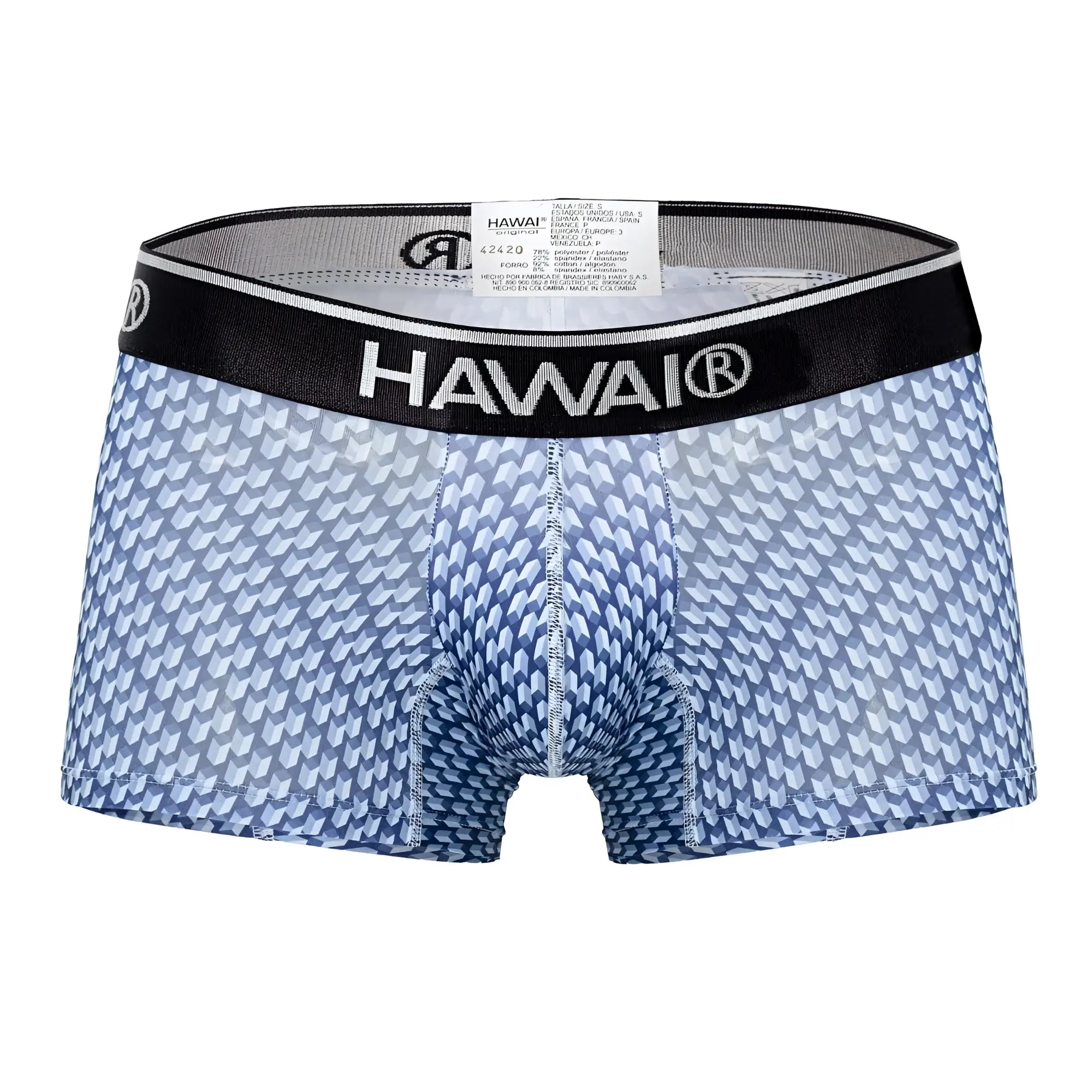 Blue patterned men’s boxer briefs with a black waistband featuring the Hawai brand name printed trunks color blue