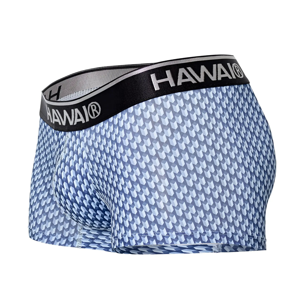 Blue and white geometric-patterned men’s boxer briefs with black hawai waistband in printed trunks color blue design