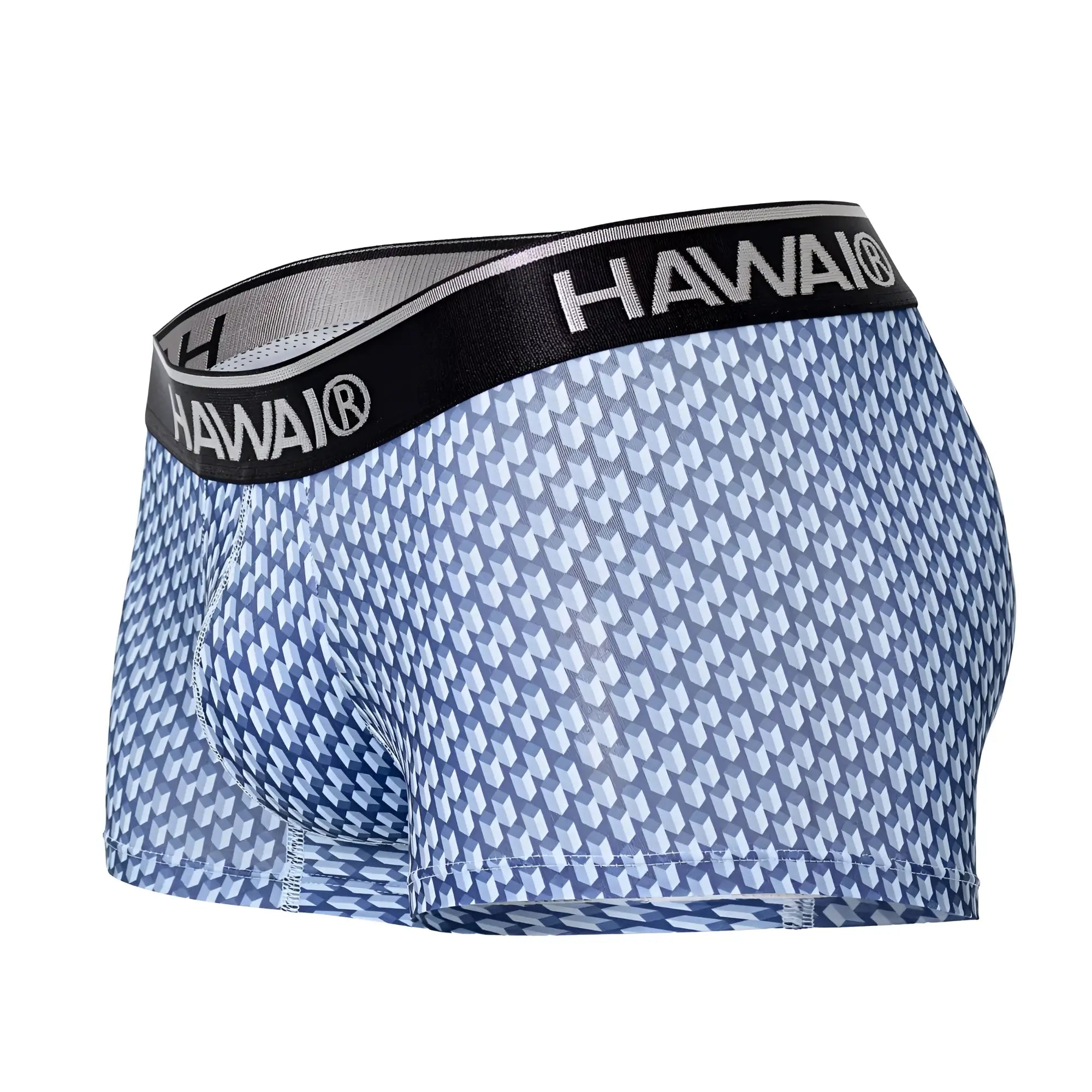 Blue and white geometric-patterned men’s boxer briefs with black hawai waistband in printed trunks color blue design