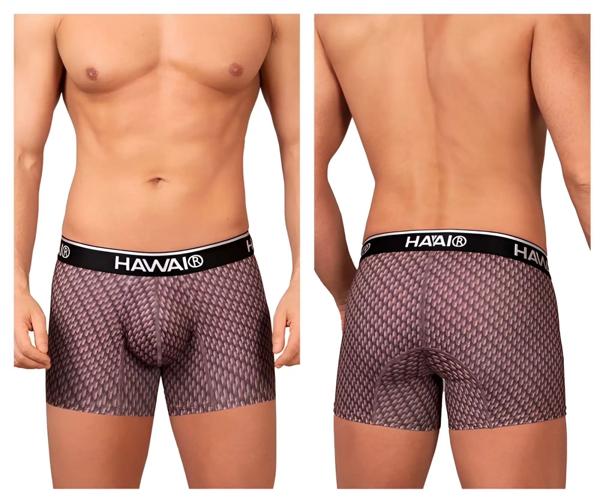 Hawai 42420 printed trunks in muted purple textured fabric with black elastic waistband men’s boxer briefs color cocoa