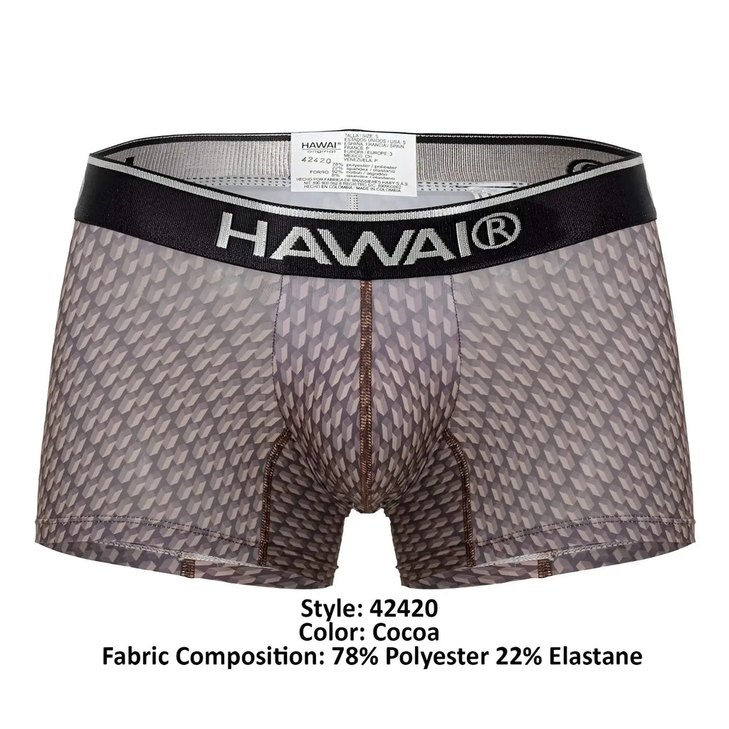 Cocoa-colored hawaiian boxer briefs with geometric pattern and black waistband from hawai 42420 printed trunks collection