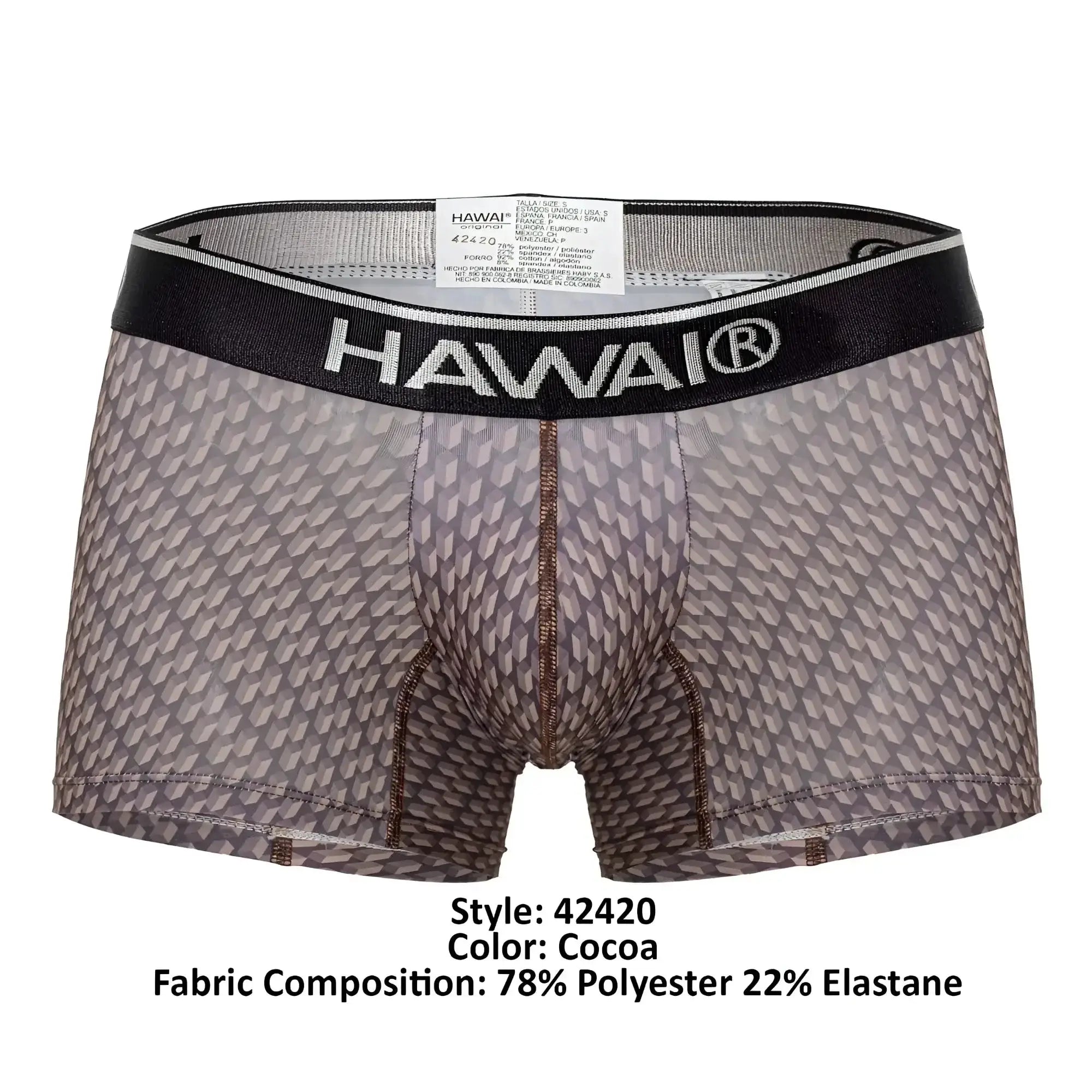 Cocoa-colored hawaiian boxer briefs with geometric pattern and black waistband from hawai 42420 printed trunks collection