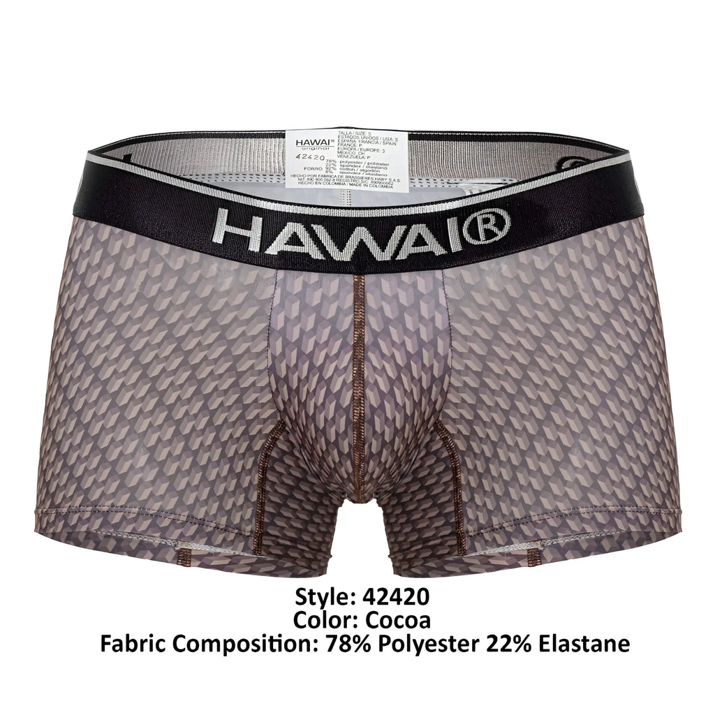 Cocoa-colored hawaiian boxer briefs with geometric pattern and black waistband from hawai 42420 printed trunks collection