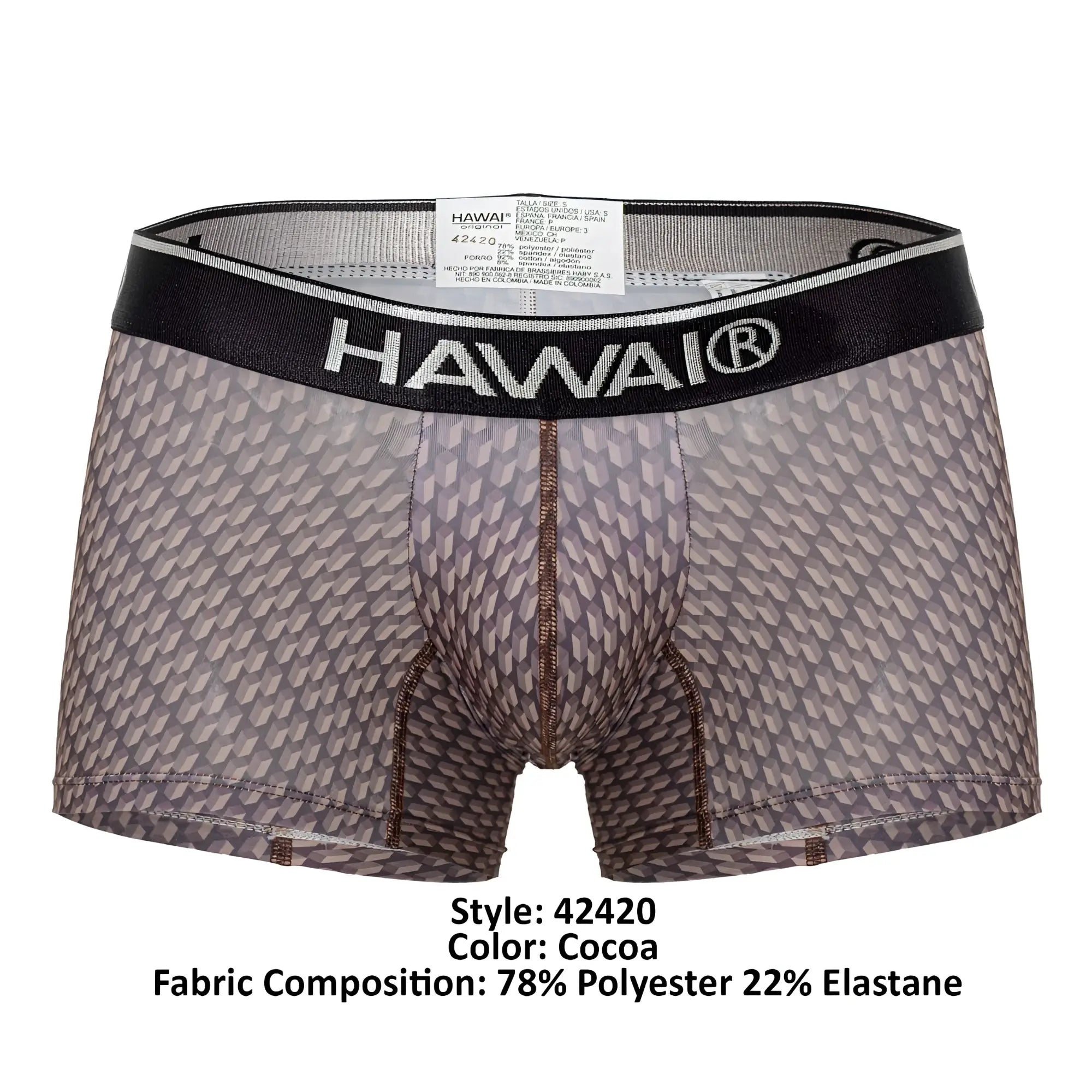 Cocoa-colored hawaiian boxer briefs with geometric pattern and black waistband from hawai 42420 printed trunks collection