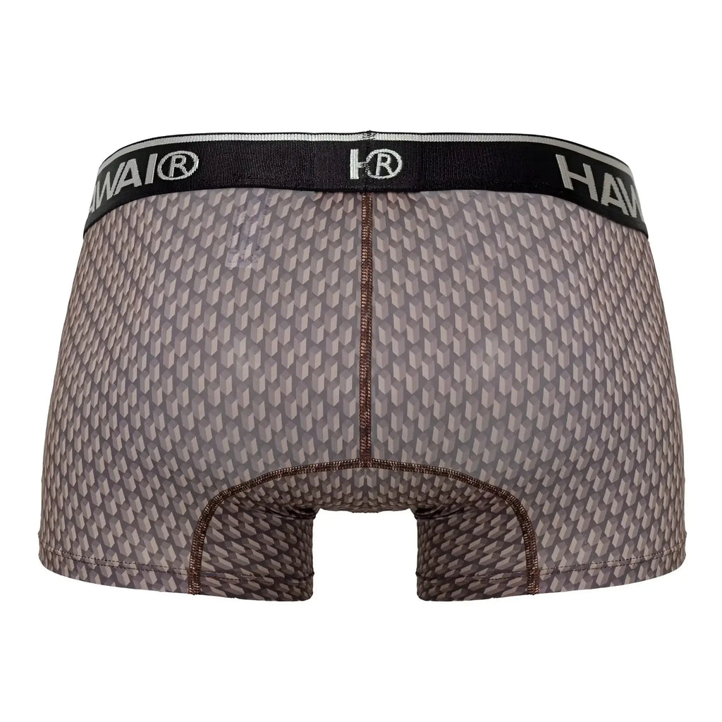 Gray patterned men’s boxer briefs with black waistband and hawai brand logo in color cocoa for comfortable wear