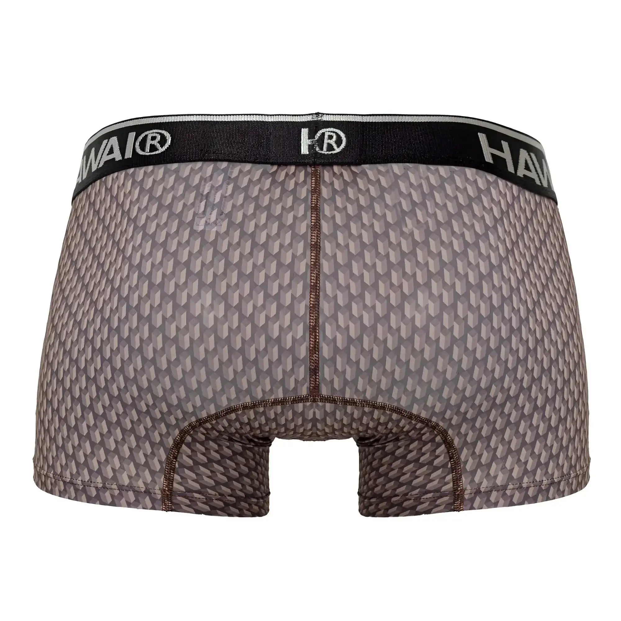 Gray patterned men’s boxer briefs with black waistband and hawai brand logo in color cocoa for comfortable wear
