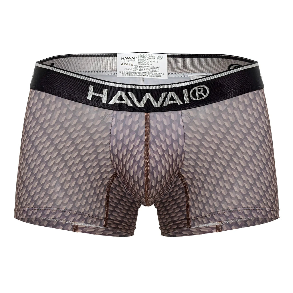 Gray patterned men’s boxer briefs with black hawai waistband in cocoa color for comfortable everyday wear