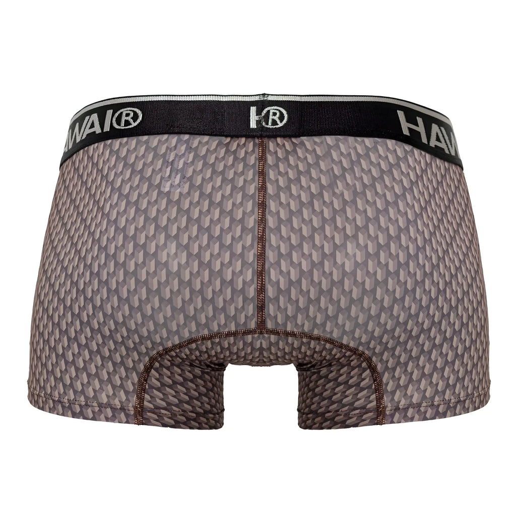 Gray patterned men’s boxer briefs with black waistband and hawai brand logo in color cocoa for comfortable wear