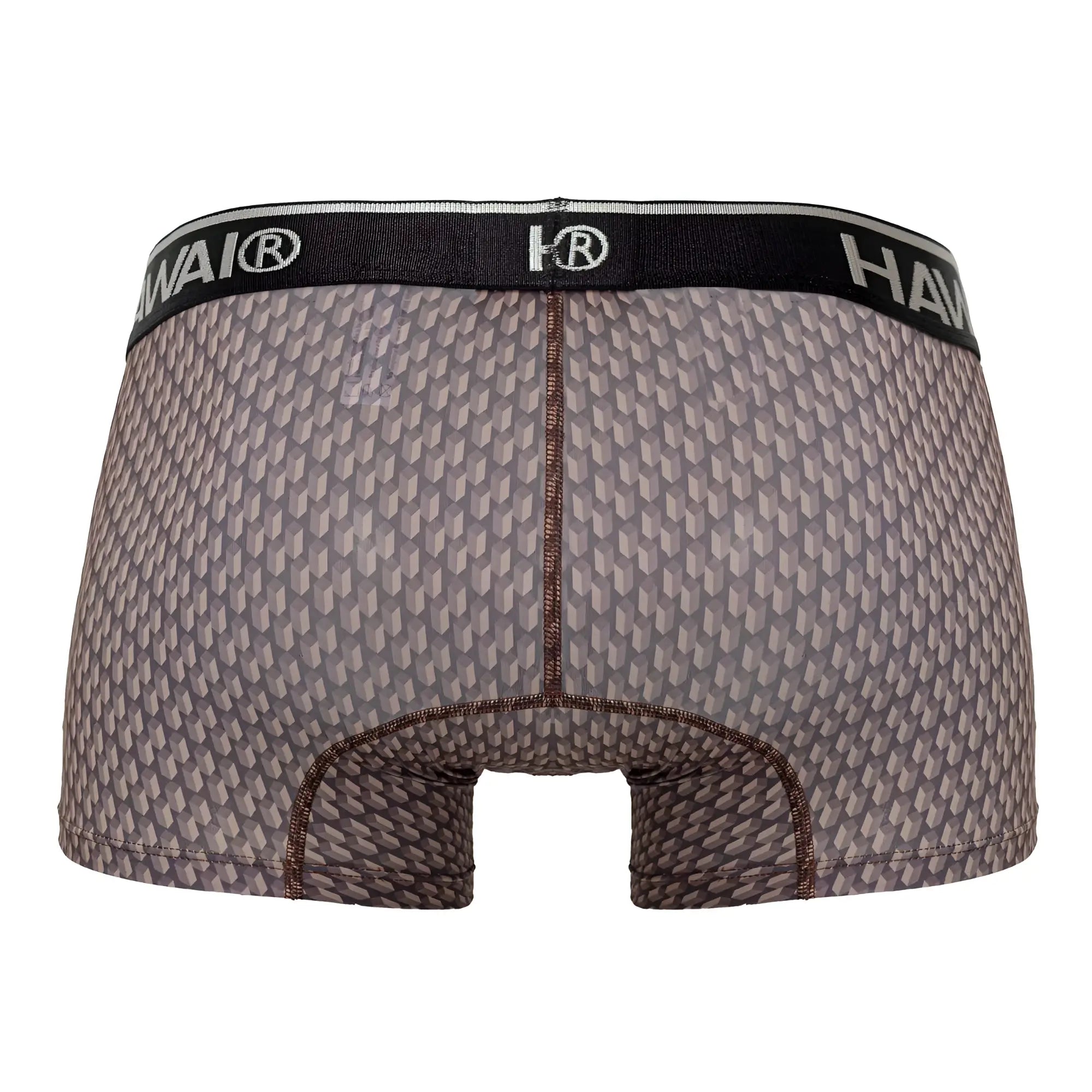 Gray patterned men’s boxer briefs with black waistband and hawai brand logo in color cocoa for comfortable wear