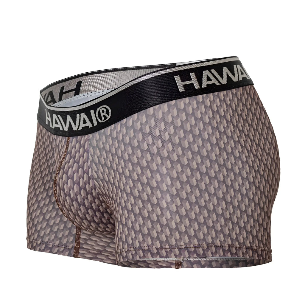 Gray patterned men’s boxer briefs with black hawaii waistband in cocoa color for comfortable everyday wear