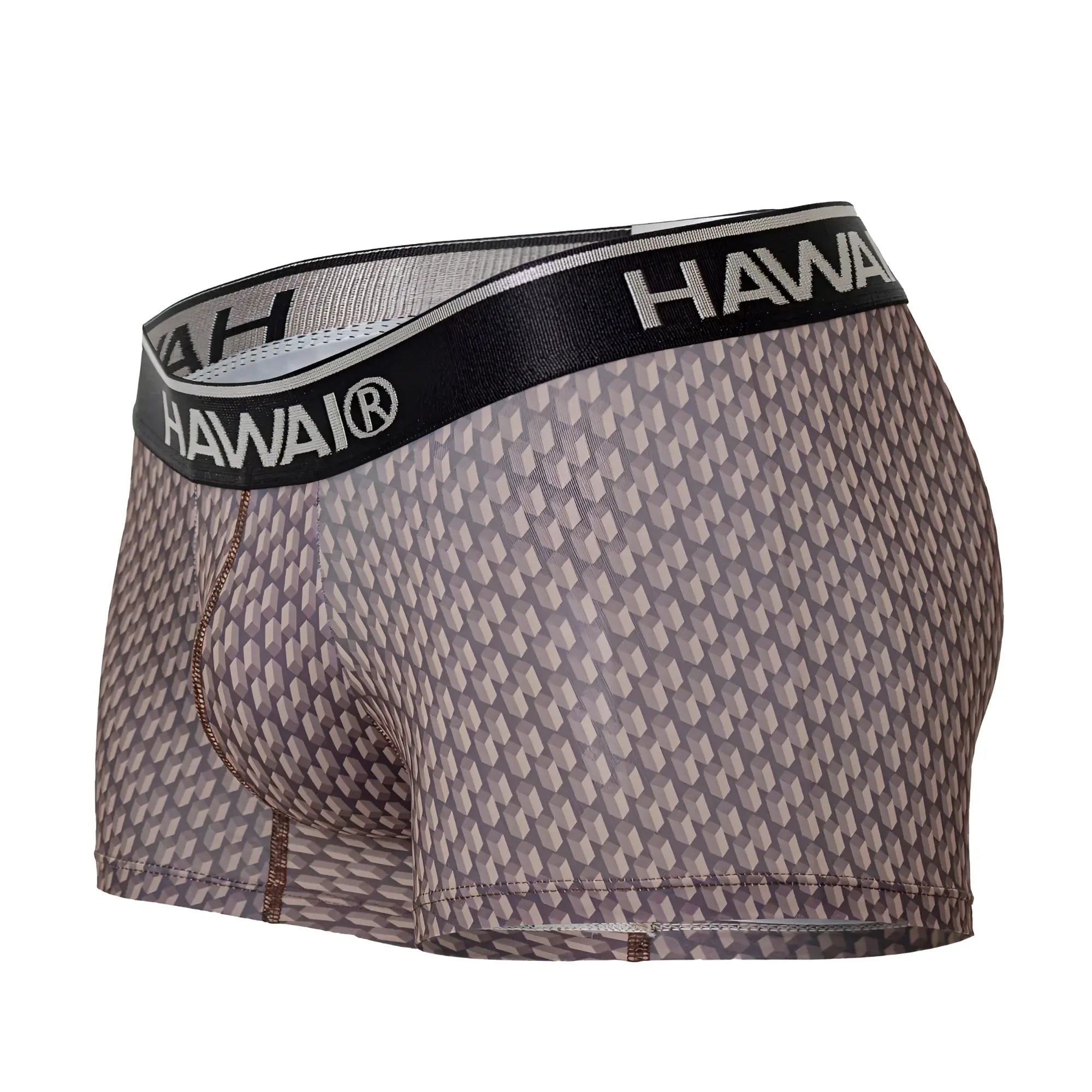 Gray patterned men’s boxer briefs with black hawaii waistband in cocoa color for comfortable everyday wear