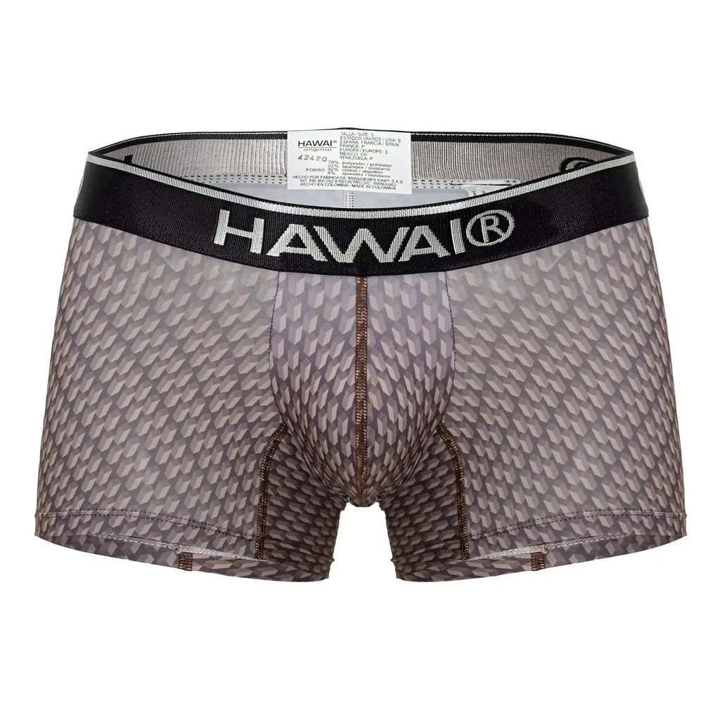 Gray patterned men’s boxer briefs with black hawai waistband in cocoa color for comfortable everyday wear