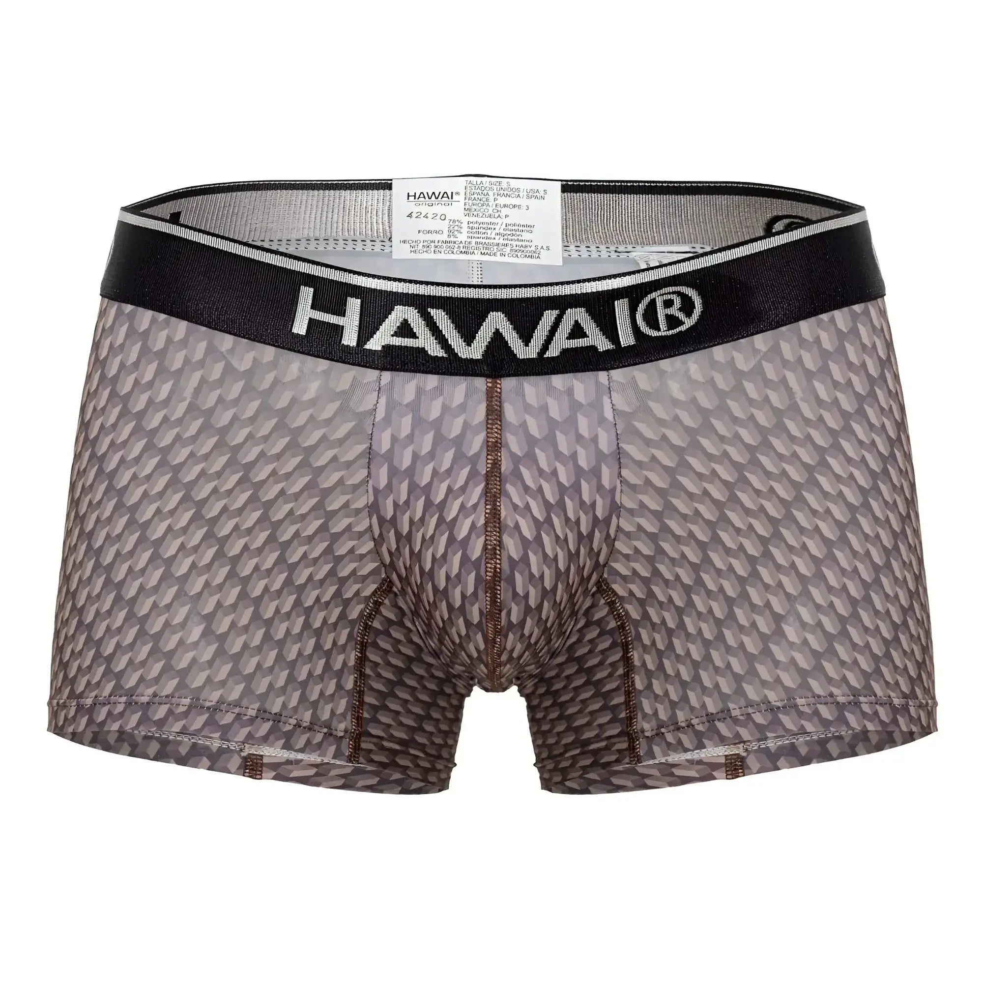 Gray patterned men’s boxer briefs with black hawai waistband in cocoa color for comfortable everyday wear