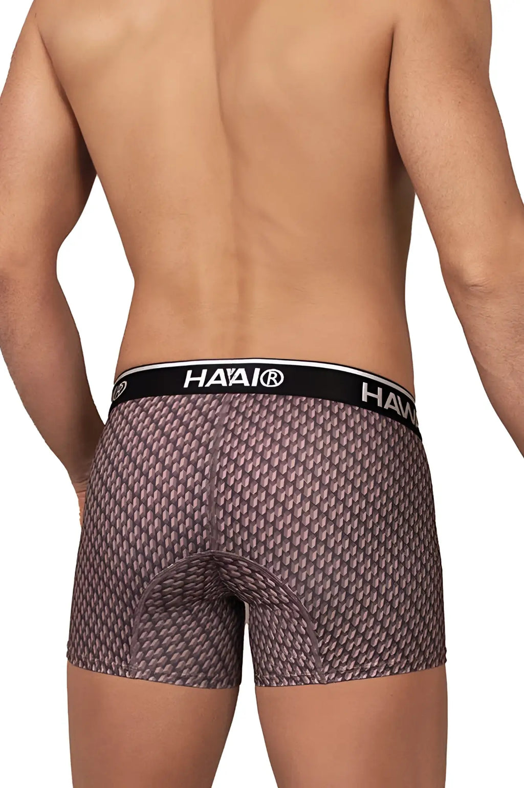 Hawai 42420 printed trunks men’s boxer briefs with textured muted purple and gray scale pattern and black waistband