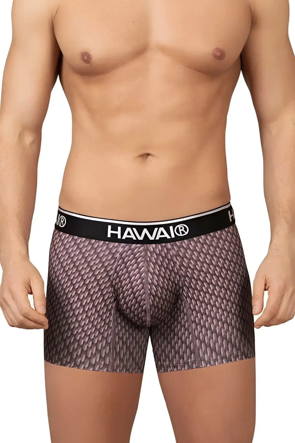 Hawai 42420 printed trunks men’s boxer briefs in cocoa with textured muted purple and gray scale pattern on fabric