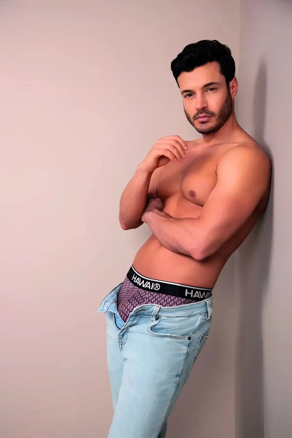 Haai 42420 printed trunks in cocoa color with purple patterned havaianas briefs and black elastic waistband featuring logo