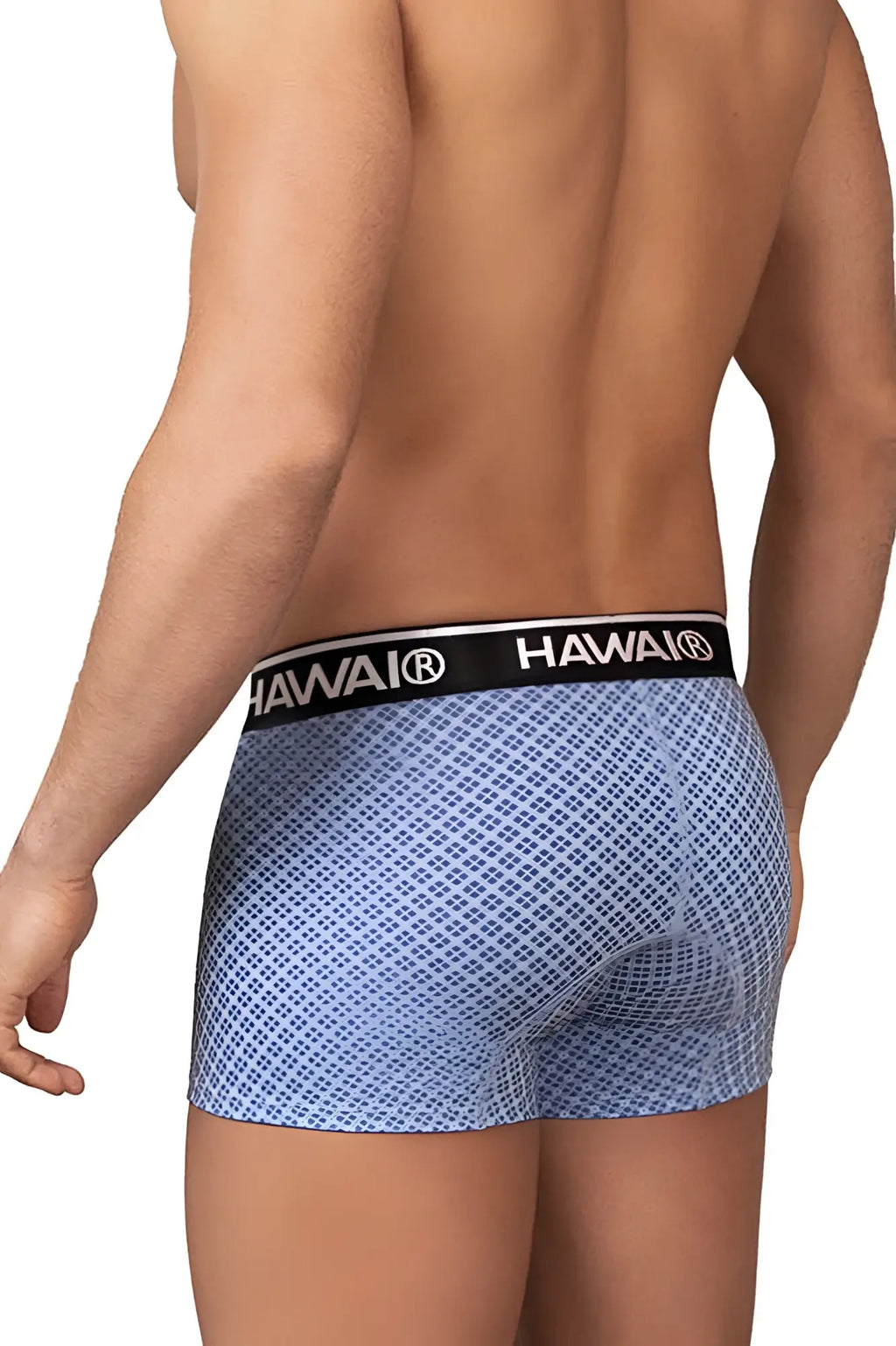 Light blue boxer briefs with subtle geometric pattern and black waistband featuring hawaii brand name in white lettering