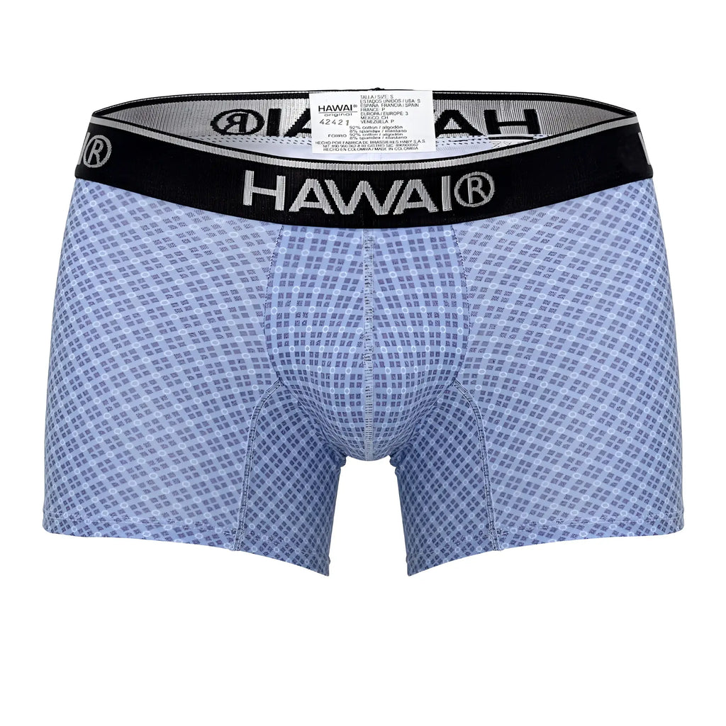 Light blue HAWAI 42421 printed boxer briefs with subtle grid pattern and black elastic waistband with brand name