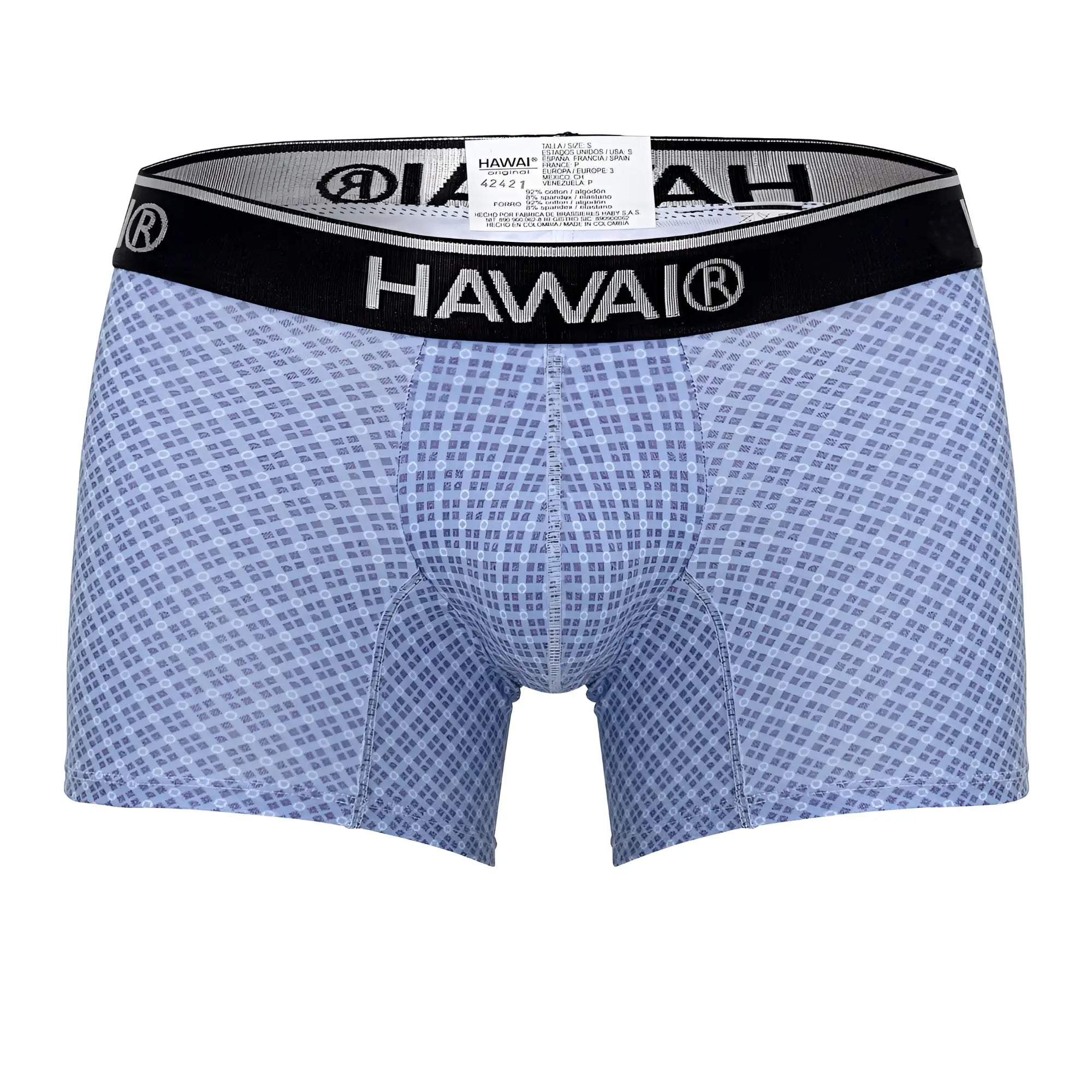 Light blue HAWAI 42421 printed boxer briefs with subtle grid pattern and black elastic waistband with brand name