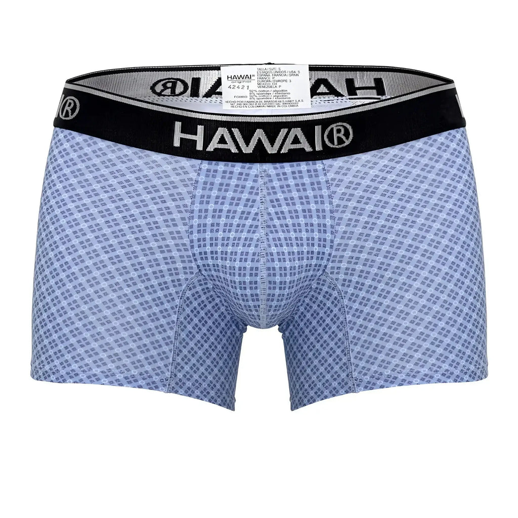 Light blue HAWAI 42421 printed boxer briefs with subtle grid pattern and black elastic waistband with brand name