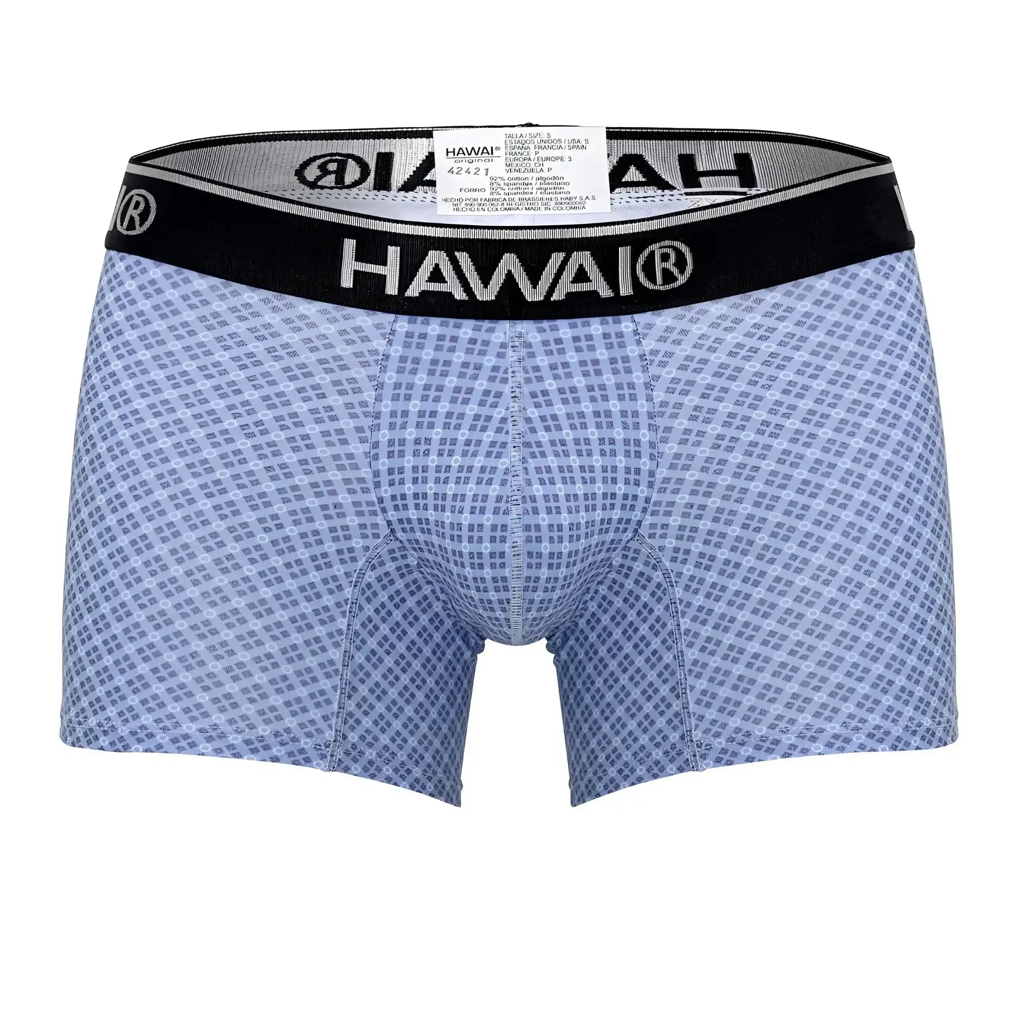 Light blue HAWAI 42421 printed boxer briefs with subtle grid pattern and black elastic waistband with brand name
