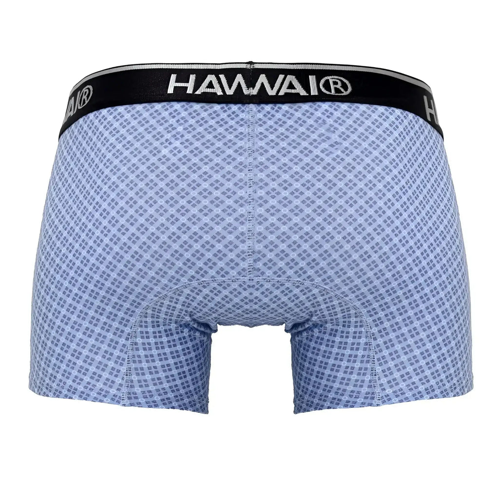 Light blue hawaiian patterned boxer briefs with black waistband featuring hawaii logo