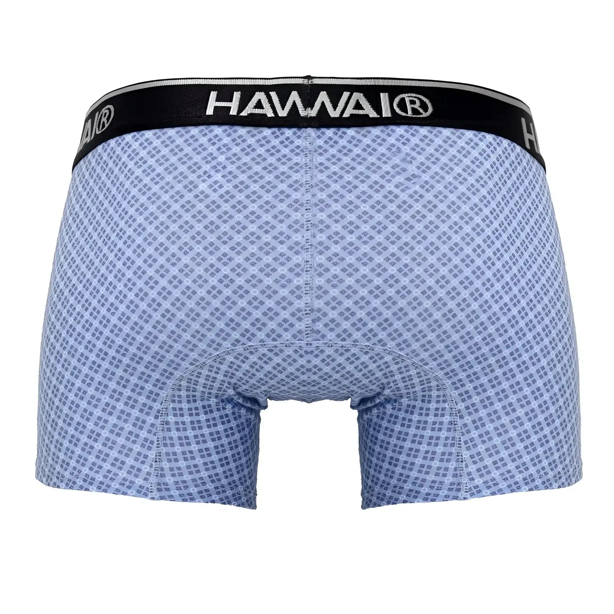 Light blue hawaiian patterned boxer briefs with black waistband featuring hawaii logo