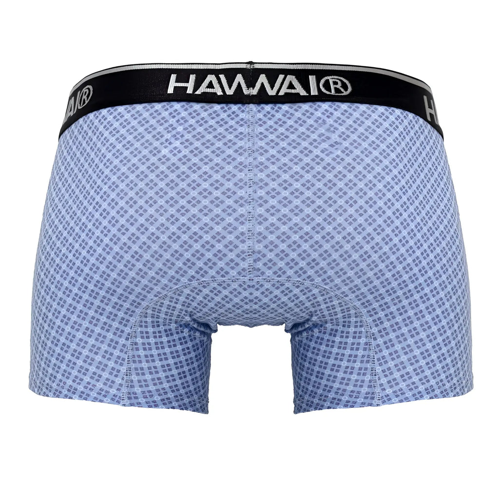 Light blue hawaiian patterned boxer briefs with black waistband featuring hawaii logo in hauai 42421 printed trunks color blue