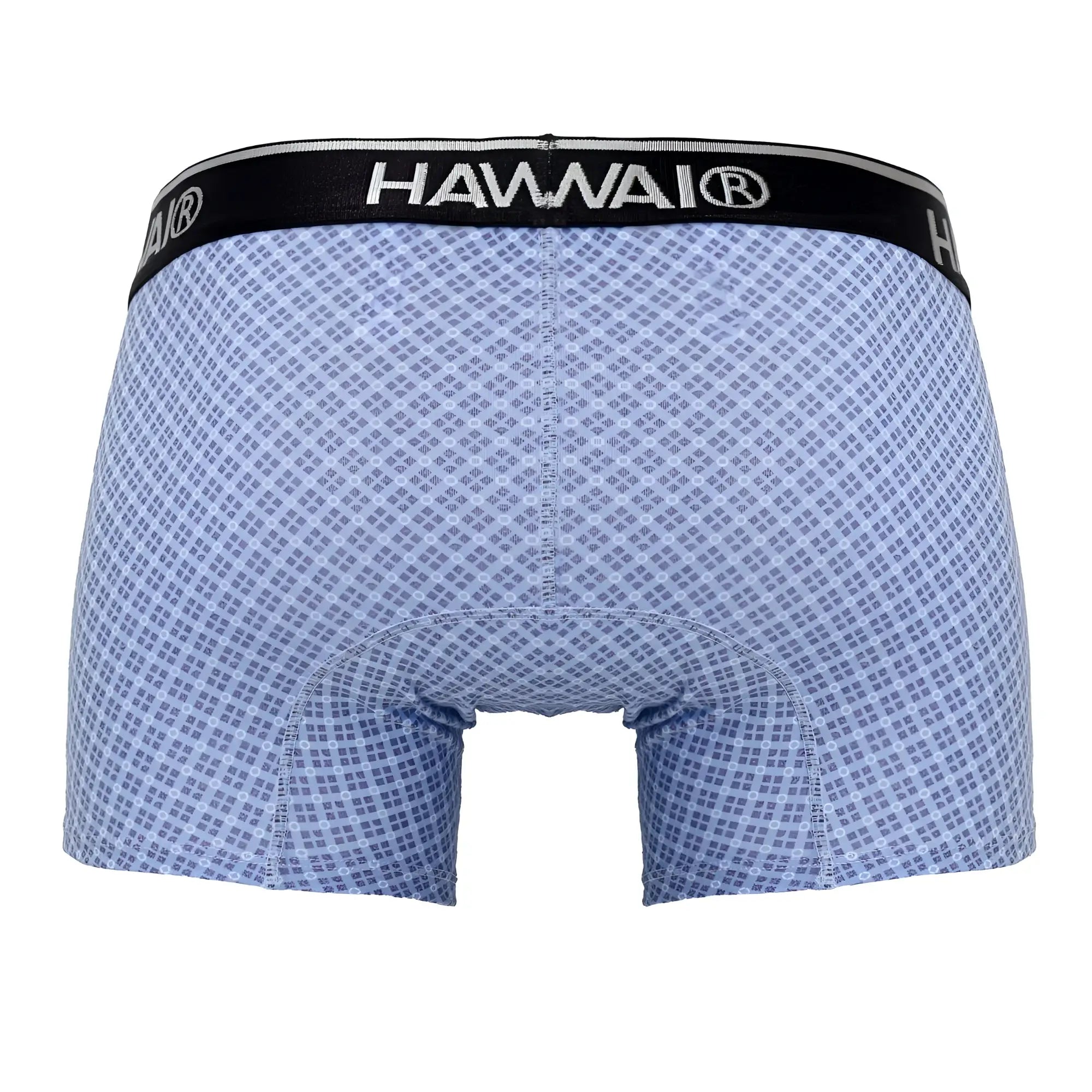 Light blue hawaiian patterned boxer briefs with black waistband featuring hawaii logo in hauai 42421 printed trunks color blue