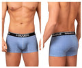 Light blue patterned boxer briefs with black hawai waistband in printed trunks style for comfortable everyday wear