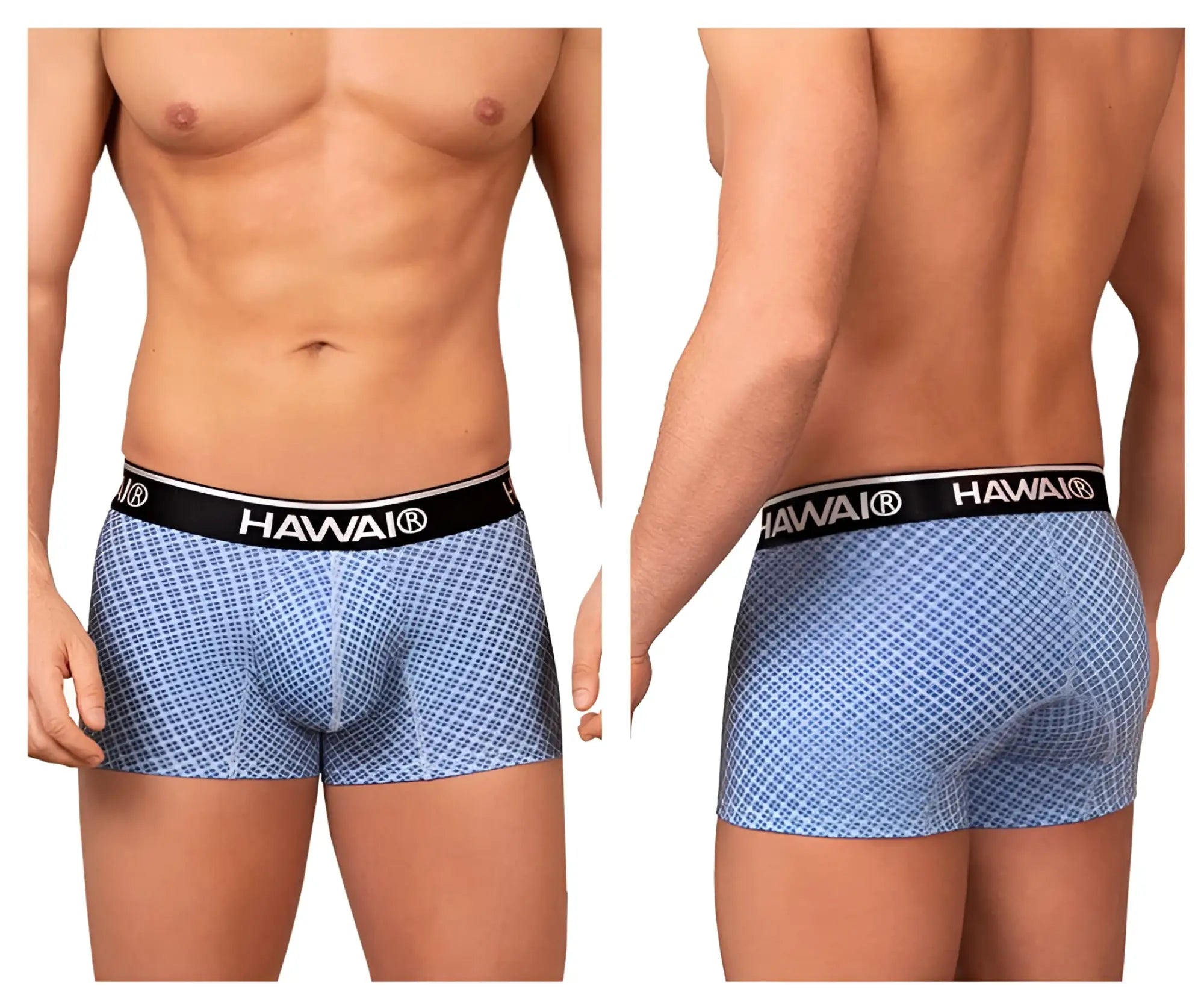 Light blue patterned boxer briefs with black hawai waistband in printed trunks style for comfortable everyday wear