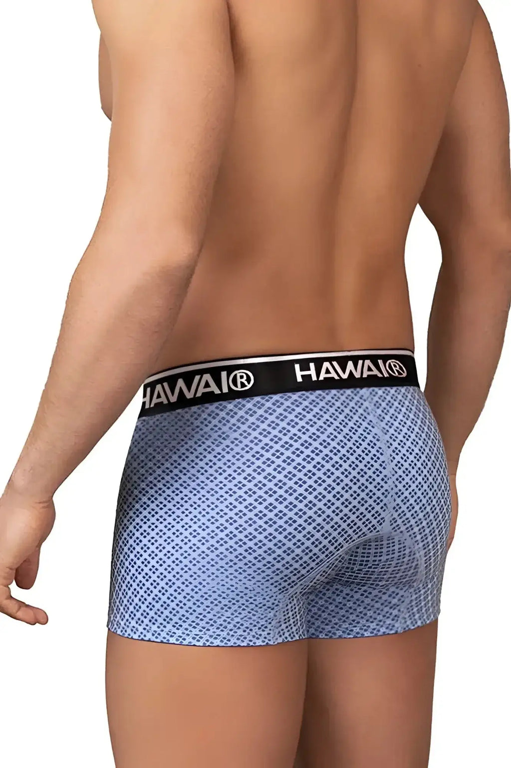Light blue boxer briefs with subtle geometric pattern and black waistband featuring hawaii brand name in white lettering