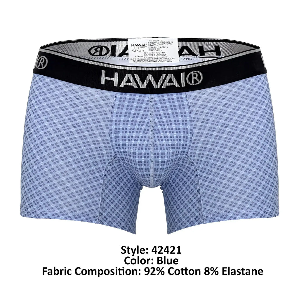 Blue patterned men’s boxer briefs with black waistband featuring hawai brand name from hawai 42421 printed trunks