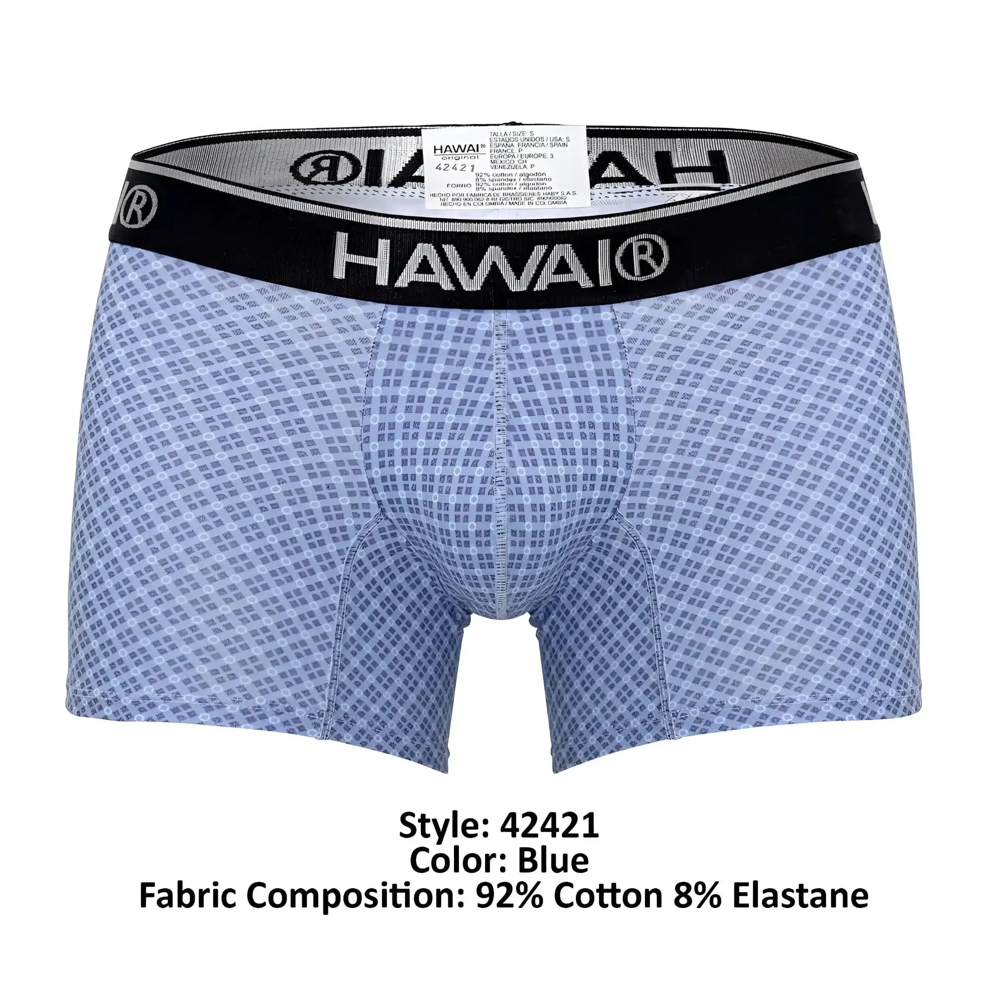 Blue patterned men’s boxer briefs with black waistband featuring hawai brand name from hawai 42421 printed trunks