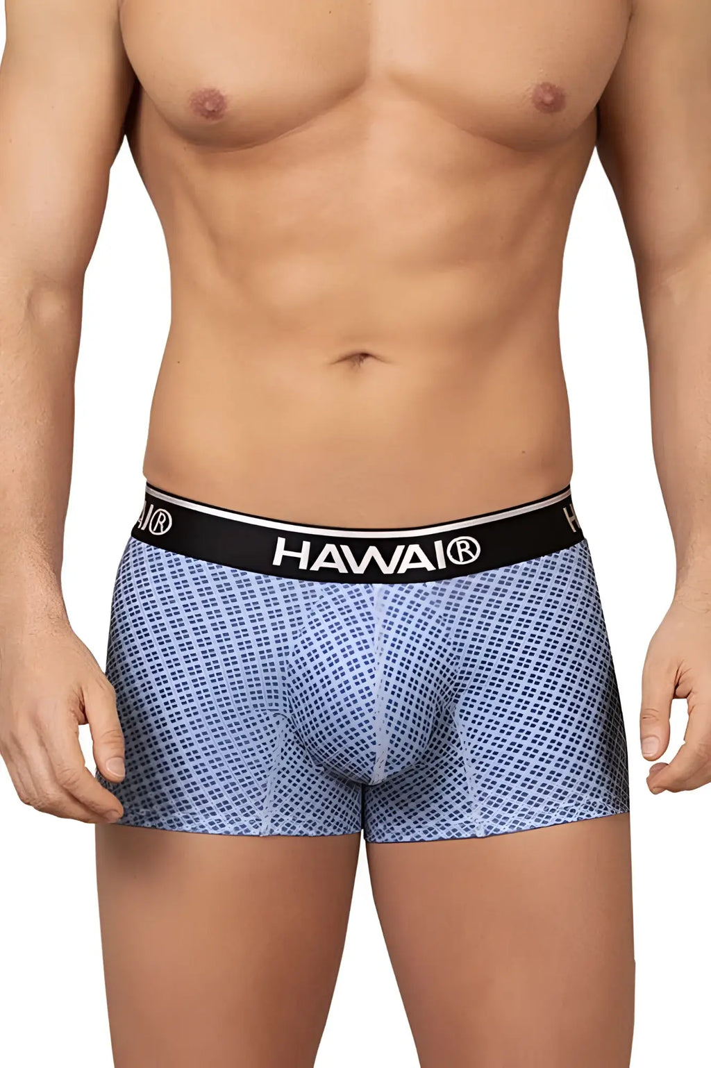 Blue patterned men’s briefs with black waistband and hawai brand name in white lettering model 42421 printed trunks
