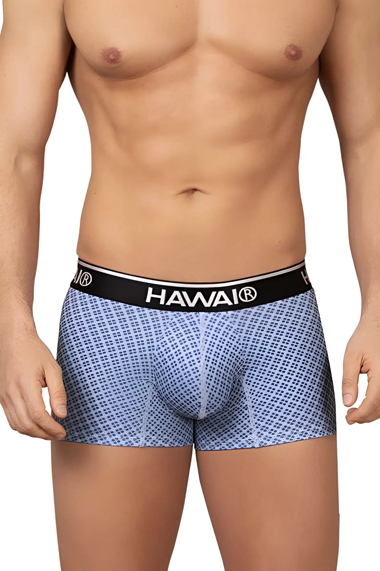 Blue patterned men’s briefs with black waistband and hawai brand name in white lettering model 42421 printed trunks